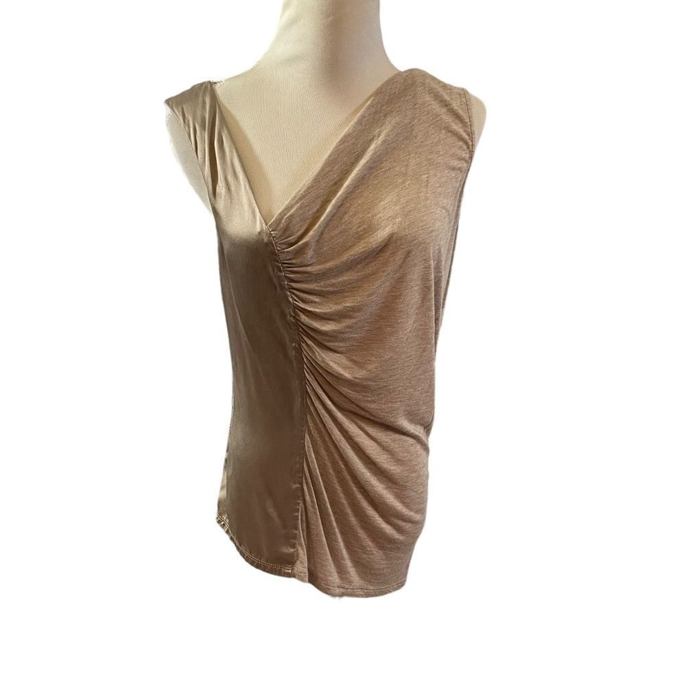 Heather Champagne Gold Mixed‎ Media Ruched Asymmetrical Sleeveless Top Small